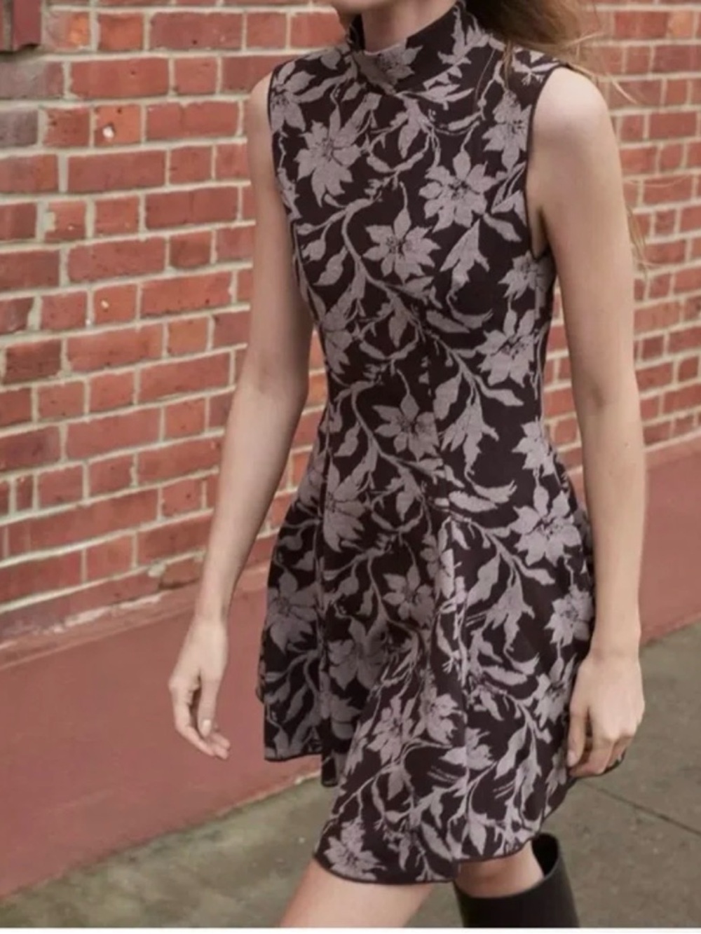 Zara Brown Sleeveless Mock Neck Floral Mini Dress with Cream Pattern